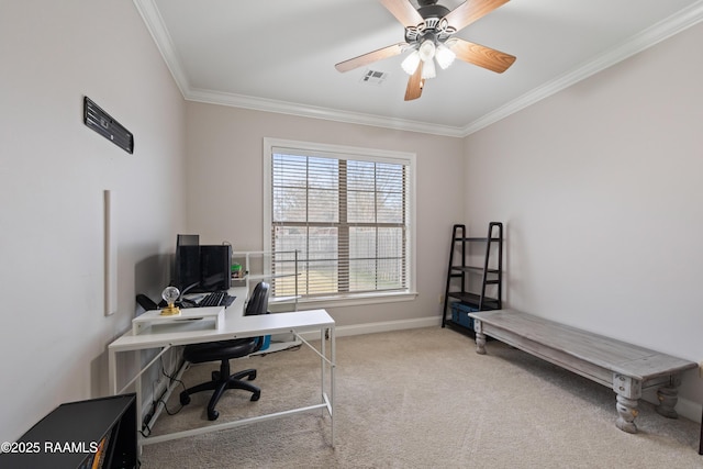 office with light colored carpet, ornamental molding, and ceiling fan