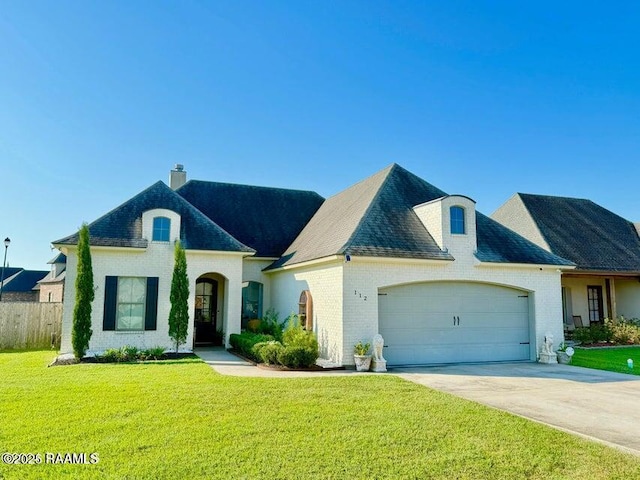 french country home featuring a garage and a front lawn