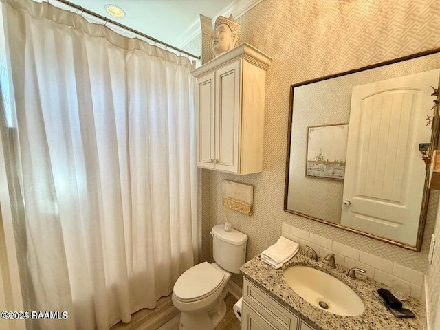 bathroom featuring vanity, wood-type flooring, and toilet