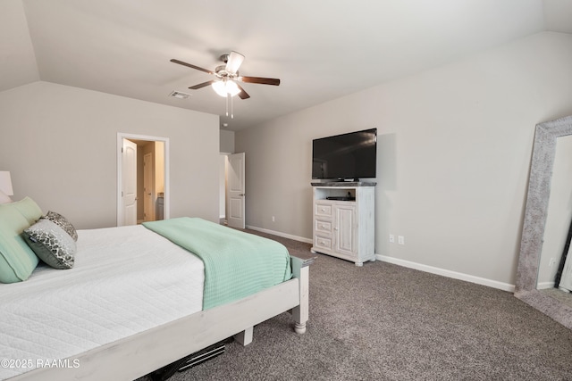 carpeted bedroom with lofted ceiling, visible vents, ceiling fan, and baseboards