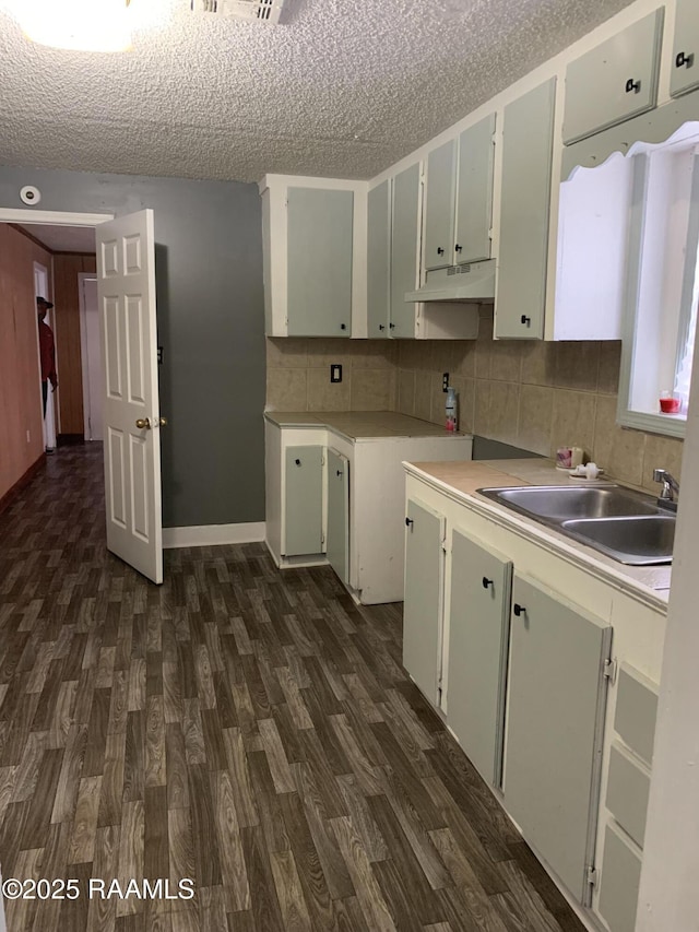 kitchen featuring dark wood-type flooring, sink, a textured ceiling, and backsplash