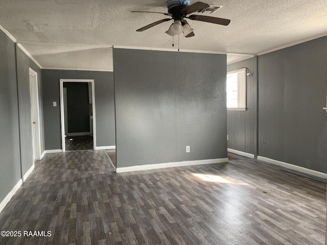 unfurnished room featuring crown molding, ceiling fan, a textured ceiling, and dark hardwood / wood-style flooring