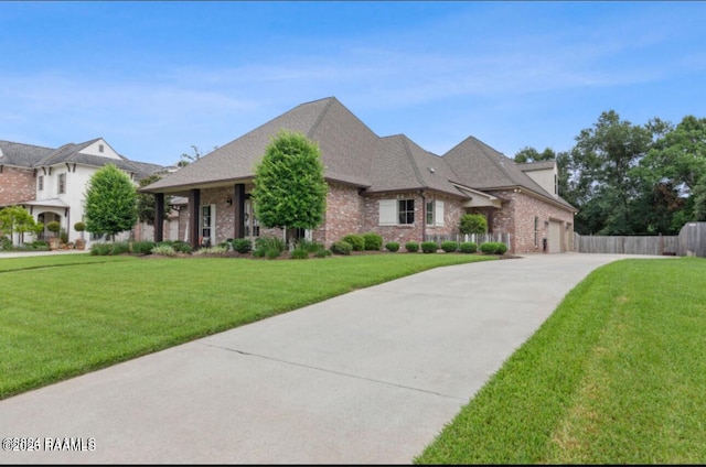 french country inspired facade featuring brick siding, a front lawn, fence, concrete driveway, and a garage