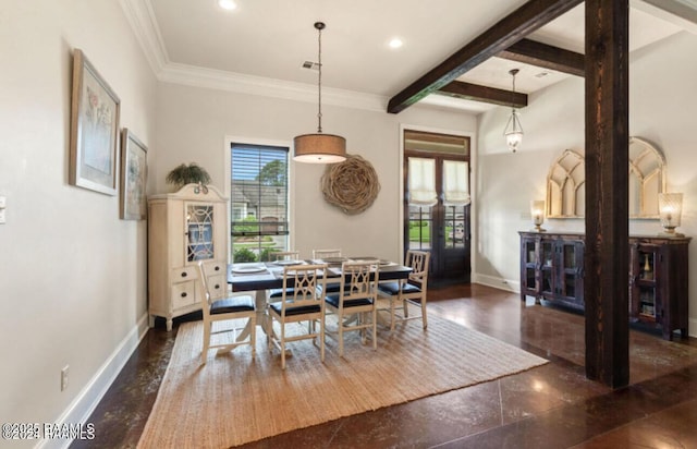 dining area featuring beam ceiling, recessed lighting, french doors, and baseboards