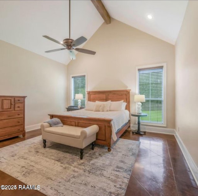 bedroom featuring multiple windows, ceiling fan, high vaulted ceiling, and beam ceiling