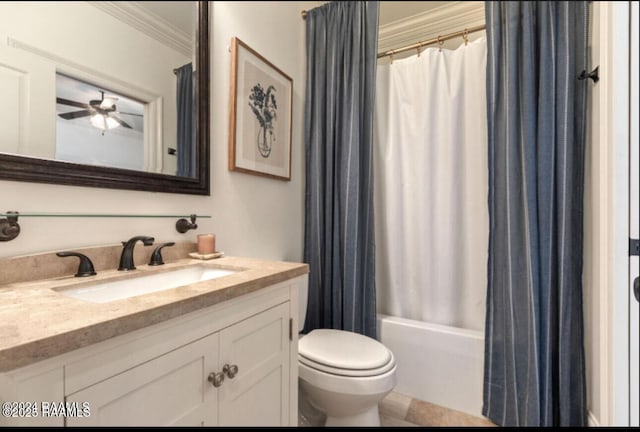 bathroom featuring vanity, shower / bathtub combination with curtain, ceiling fan, ornamental molding, and toilet