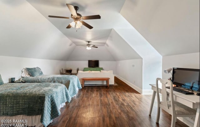 bedroom with ceiling fan, lofted ceiling, and dark hardwood / wood-style flooring