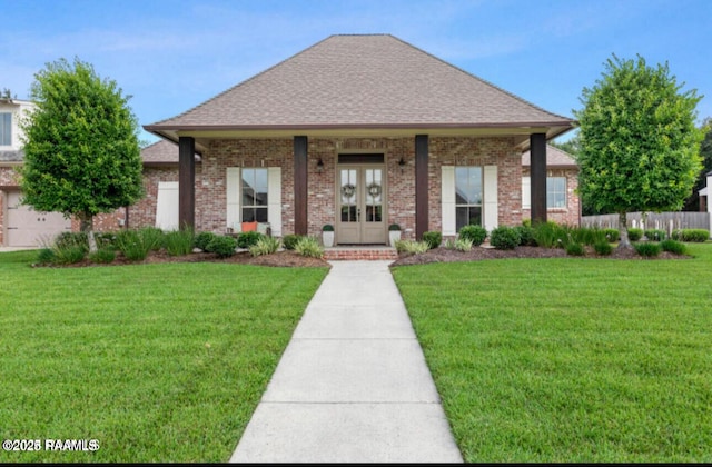 view of front of property with french doors, brick siding, roof with shingles, and a front yard