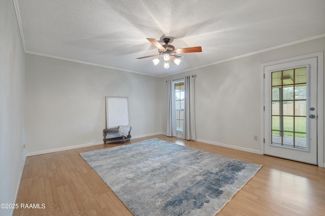 interior space with light hardwood / wood-style flooring, ornamental molding, and a textured ceiling