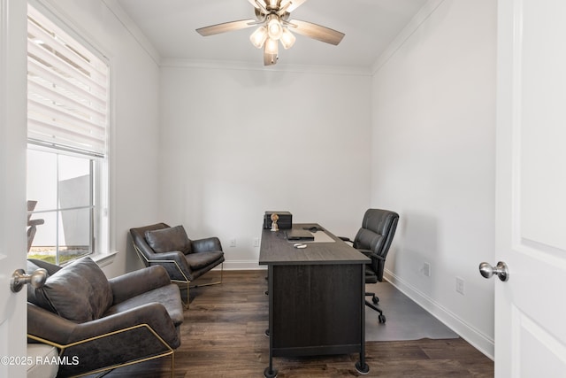 home office with crown molding, dark wood-type flooring, and ceiling fan