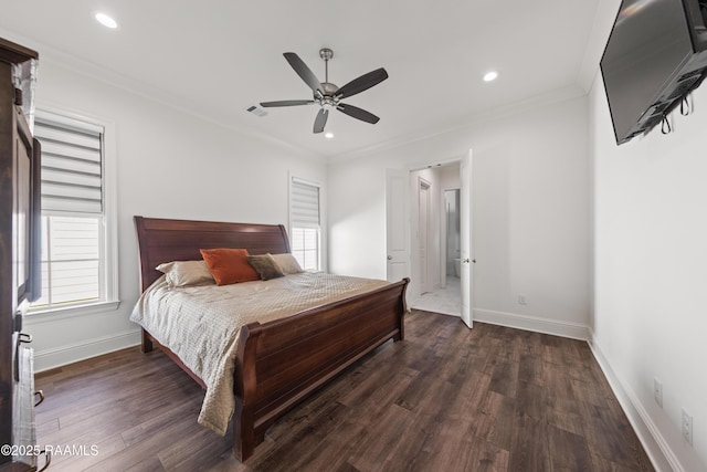 bedroom featuring crown molding, dark hardwood / wood-style floors, and ceiling fan