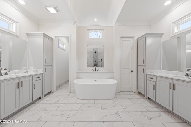 bathroom featuring ornamental molding, plus walk in shower, and plenty of natural light