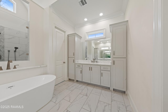 bathroom with vanity, ornamental molding, and shower with separate bathtub