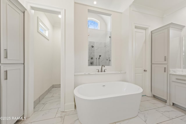 bathroom with independent shower and bath, vanity, plenty of natural light, and crown molding