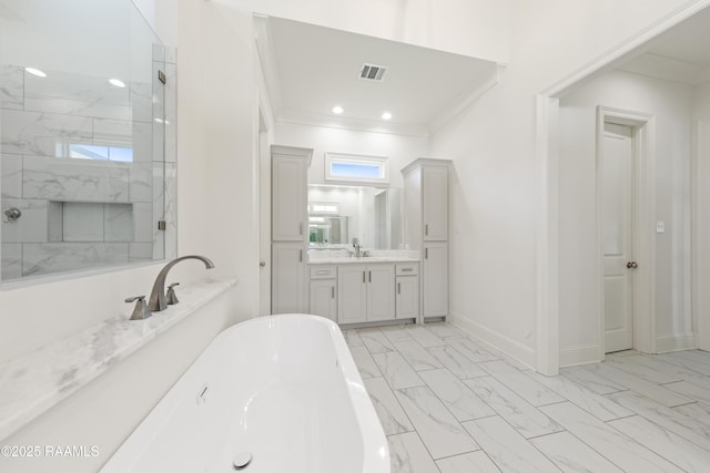 bathroom featuring ornamental molding, vanity, and plus walk in shower