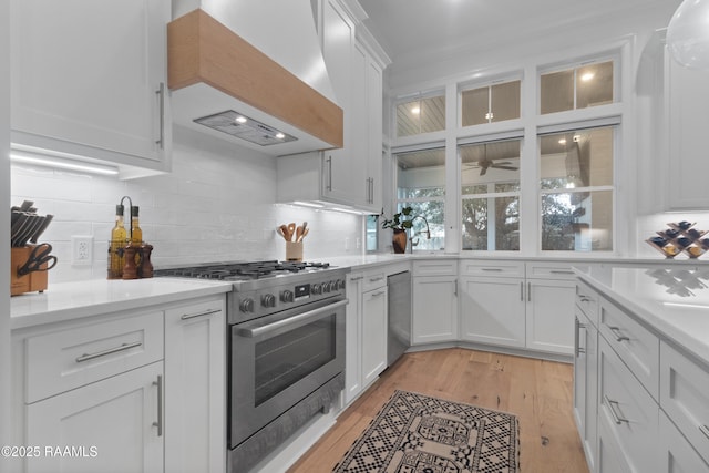 kitchen with sink, light hardwood / wood-style flooring, appliances with stainless steel finishes, custom range hood, and white cabinets