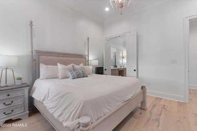 bedroom with light wood-style flooring, recessed lighting, an inviting chandelier, crown molding, and baseboards