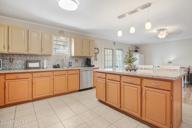 6903 W Congress, Duson, LA 70529 - kitchen featuring stainless steel dishwasher, crown molding, backsplash, a kitchen island, and hanging light fixtures