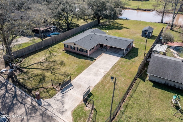 drone / aerial view featuring a water view