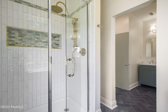 bathroom featuring vanity and walk in shower