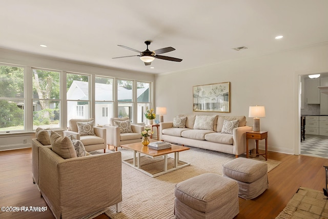 living room with ceiling fan and light wood-type flooring