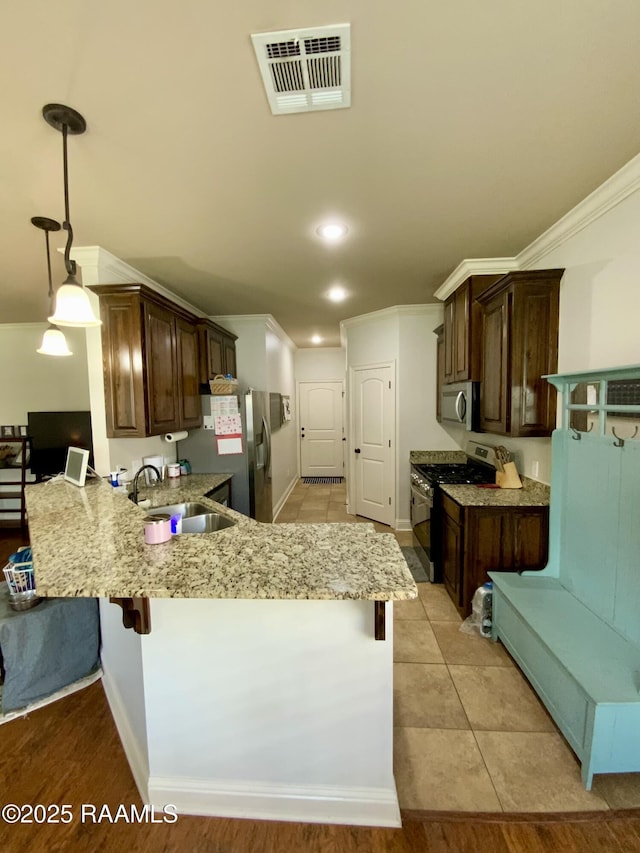 kitchen with sink, decorative light fixtures, ornamental molding, appliances with stainless steel finishes, and kitchen peninsula