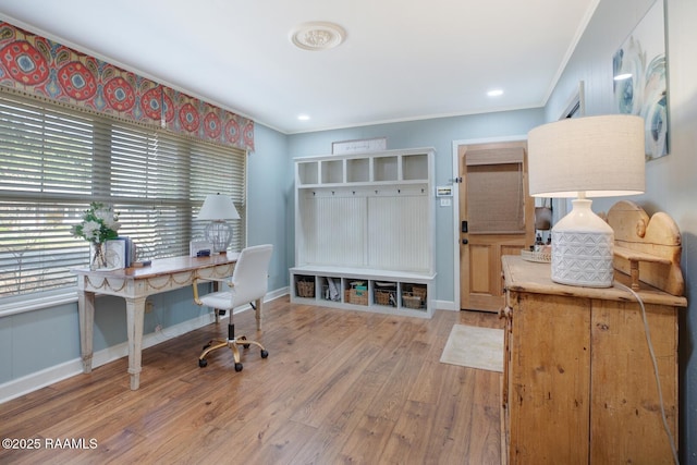 office featuring crown molding and wood-type flooring