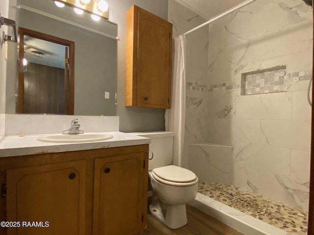 bathroom featuring walk in shower, vanity, and toilet