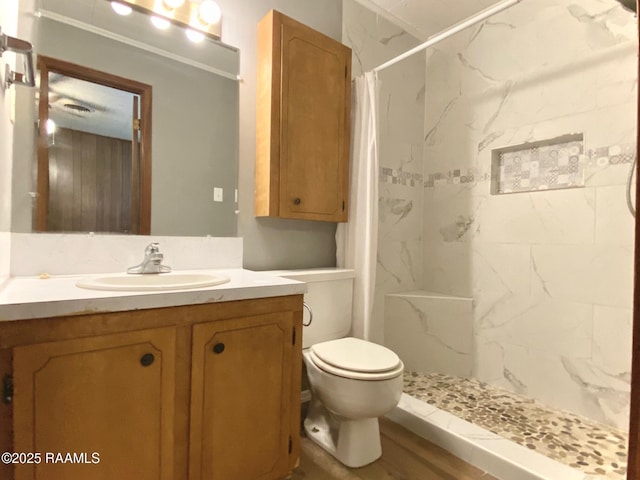 full bath featuring toilet, a stall shower, and vanity