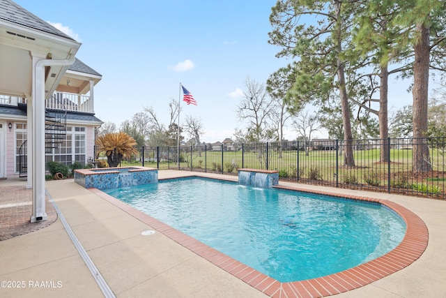 view of swimming pool featuring an in ground hot tub, pool water feature, and a patio