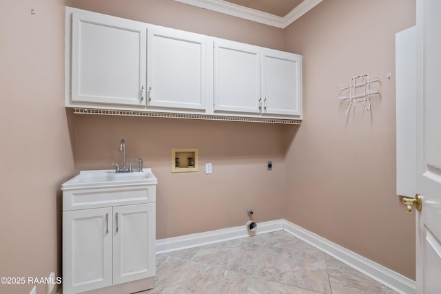 laundry area with sink, gas dryer hookup, cabinets, hookup for a washing machine, and electric dryer hookup