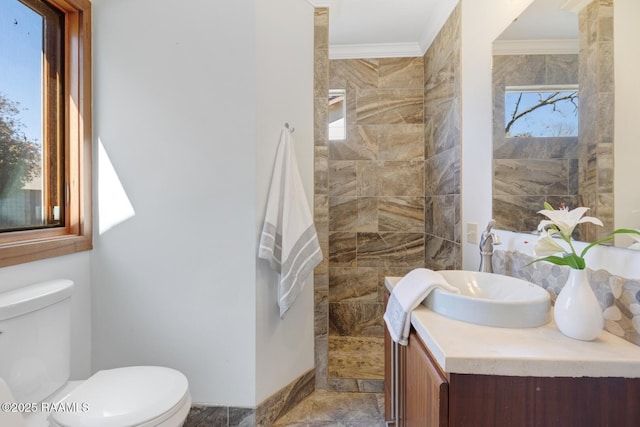 bathroom with a walk in shower, ornamental molding, vanity, and toilet