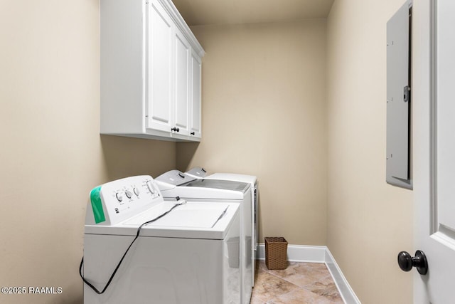 laundry room with washer and clothes dryer, electric panel, and cabinets