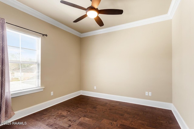 spare room featuring crown molding, ceiling fan, and dark hardwood / wood-style flooring