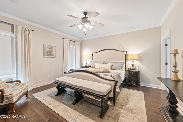 bedroom featuring dark wood-type flooring, ceiling fan, ornamental molding, and multiple windows