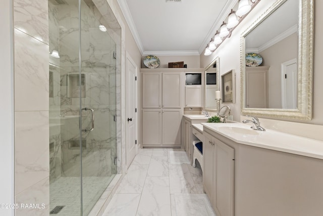 bathroom featuring a shower with door, crown molding, and vanity