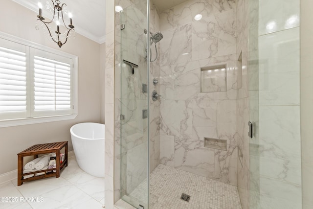 bathroom featuring independent shower and bath, crown molding, and an inviting chandelier