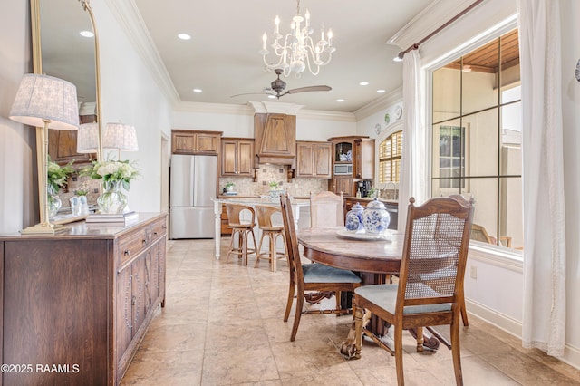 211 Bayonne Dr, Lafayette, LA 70507 - dining space with a ceiling fan, crown molding, recessed lighting, and a chandelier