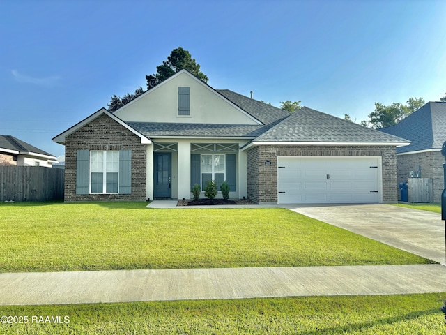206 Earls Ct, Maurice, LA 70555 - view of front of property with a garage, a shingled roof, concrete driveway, brick siding, and stucco siding