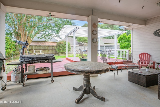view of patio / terrace featuring fence, a pergola, and a deck