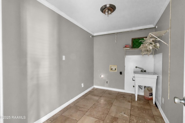 laundry room featuring gas dryer hookup, hookup for a washing machine, baseboards, ornamental molding, and laundry area