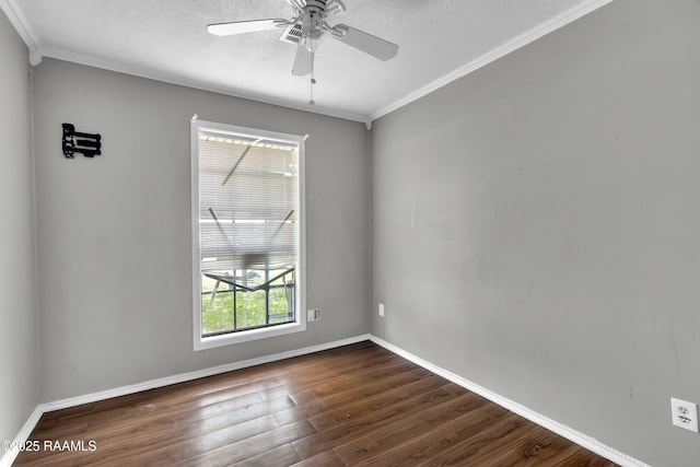 unfurnished room featuring baseboards, ceiling fan, ornamental molding, and dark wood-style flooring