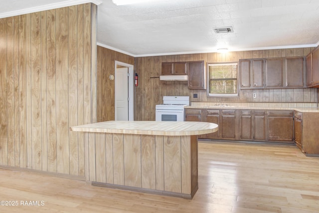 kitchen with sink, light hardwood / wood-style flooring, white stove, wooden walls, and ornamental molding