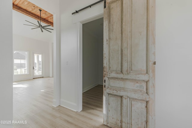 hall with a barn door and light hardwood / wood-style flooring