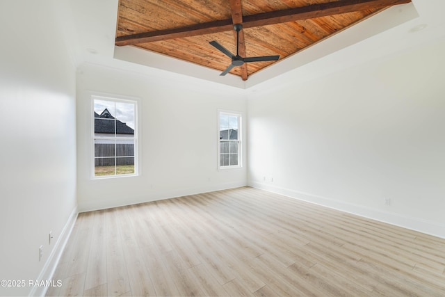 spare room with a healthy amount of sunlight, a tray ceiling, light hardwood / wood-style floors, and wooden ceiling