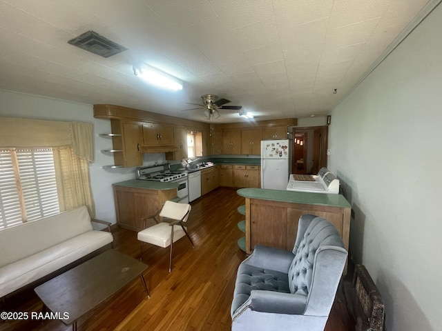 kitchen with ceiling fan, dark wood-type flooring, and white appliances