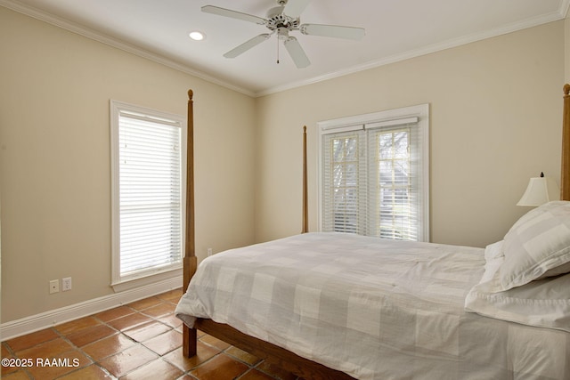 bedroom with recessed lighting, baseboards, a ceiling fan, and crown molding