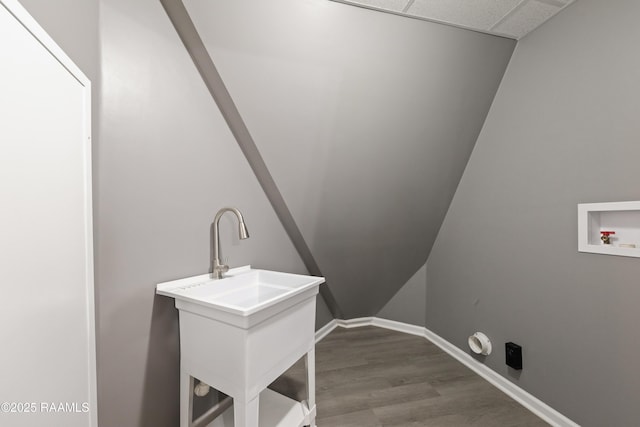 washroom with sink, hookup for a washing machine, and hardwood / wood-style floors