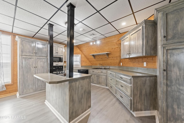 kitchen with sink, light hardwood / wood-style flooring, wooden walls, a center island, and black appliances