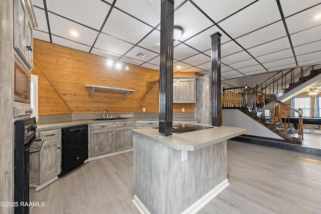 kitchen featuring light brown cabinets, sink, light hardwood / wood-style flooring, and black appliances